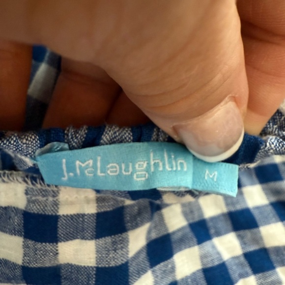 J. McLaughlin Size Medium Dress Linen Blue White Gingham Eyelet Pockets Shift - Picture 6 of 7